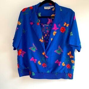 ALFRED DUNNER Vintage Floral Blue Short Sleeve Blouse and Skirt Set